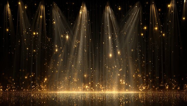 Golden spotlights illuminate a dark stage with shimmering falling particles and reflections