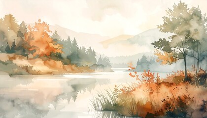 Watercolor vista of a serene lake surrounded by forested hills painted with soft hues of autumn light