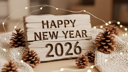 Happy new year 2026 design with wood sign with pine cones and string lights decoration on blanket