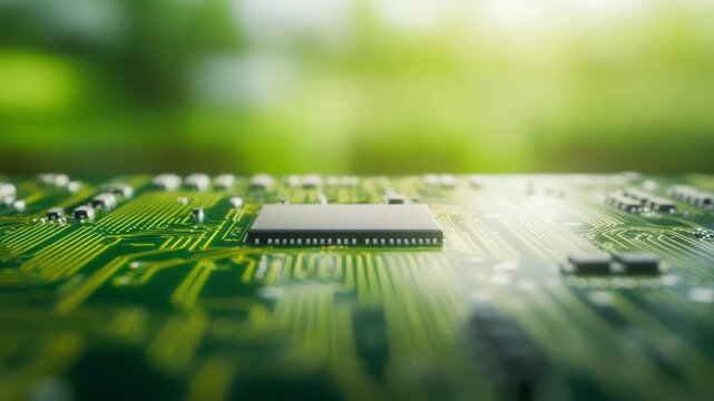 Green Circuitry: A close-up view of a green circuit board, its intricate pathways gleaming beneath a soft, natural light, symbolizing the intersection of technology and the environment.
