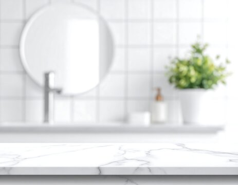 White marble countertop with blurred bathroom background featuring a mirror, plant and white tile wall