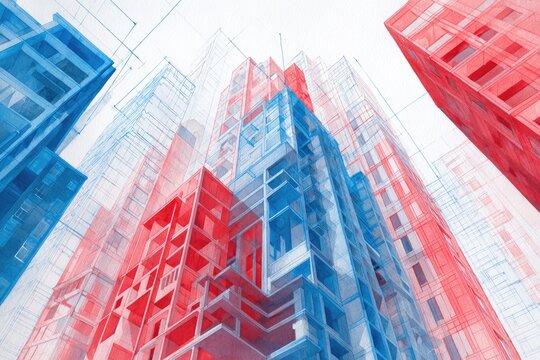 Modern abstract architectural structures in blue and red wireframe, low angle view