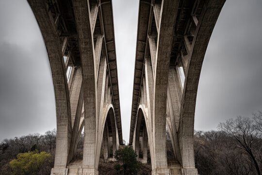 Symmetrical view beneath a massive concrete bridge with towering arches under a grey sky