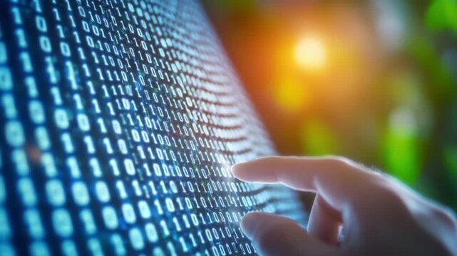 Digital Tap: A hand interacts with an abstract representation of digital information, highlighting the interplay between technology and human interface, data flow, and modern communication.