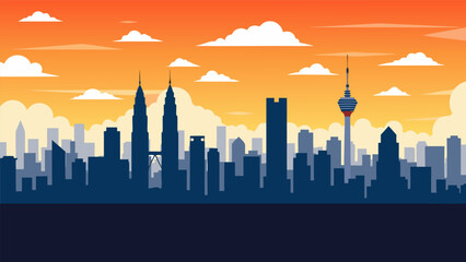 Vector illustration of a modern city skyline with towering skyscrapers and architectural landmarks silhouetted against a beautiful sunset sky