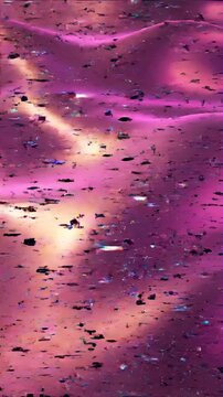 Aesthetic digital glitch noise and distortion waves covering a vast blank screen of shimmering holographic pink and gold light creating a dynamic tech effect noise, empty space, texture