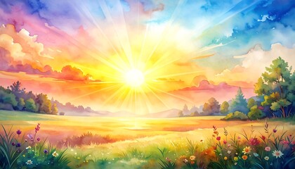 Watercolor vista sunburst over grassy field with wildflowers and trees against a painted sky