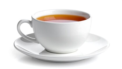 White teacup filled with light brown tea, resting on a matching saucer, casting shadow on a white background