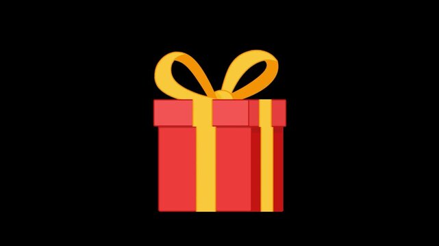 RED gift box with yellow ribbon bow animation isolated on transparent background.