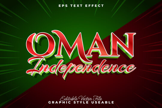 Vibrant Oman Independence Day celebration text effect with editable 3D glossy style in national flag colors
