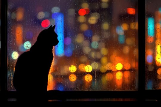 Dark Cat Figure Watching Rain on Window, City Lights Blurry