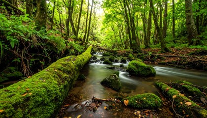 Tranquil flowing creek with mossy log amidst lush, green forest landscape