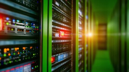 Digital Data Center: A dynamic visual into the pulsating heart of the digital realm, rows of server racks, lit by the glow of data transfer, symbolize the backbone of modern data processing.  - Powered by Adobe