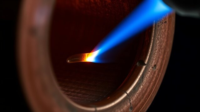 accuser. Extreme close-up of copper pipe joint with molten silver brazing. safety posters, maintenance manuals, designed for precision metalworking and fabrication facilities.