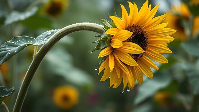 laurate. Sunflower drooping after a storm with rain droplets on its petals. gardening catalogs, home-decor guides, designed for home decor and floral branding, celebrates nature.