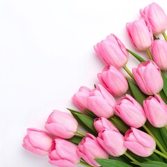 Obraz premium A vibrant bunch of pink tulips with lush green stems and leaves, elegantly arranged against a clean white background, creating a fresh and cheerful vibe.
