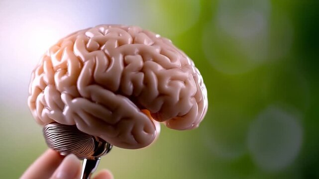 Brain model in focus: a person holding a brain model to showing the concept of the mind, intelligence, learning, and thought, representing cognitive abilities and health