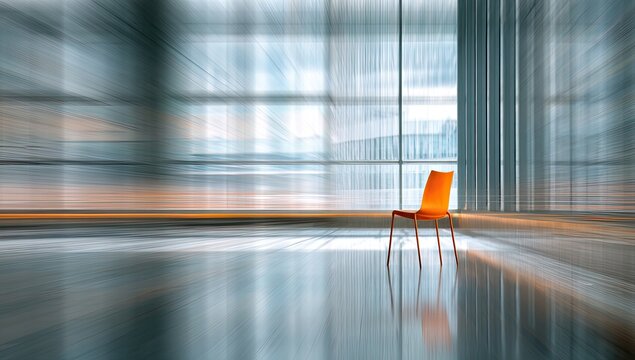 Modern interior with a single orange chair in a large, brightly lit, motion-blurred space