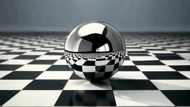 Chrome Sphere Reflecting Distorted Checkerboard Floor Abstract Visual Art Geometry Reflection Rendering Metallic Object Black and White Pattern Perspective Study