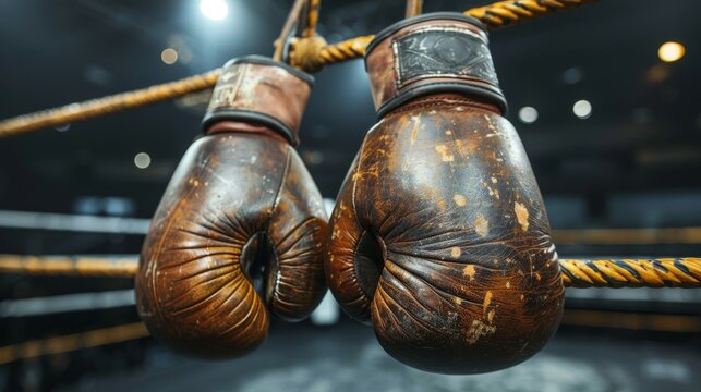 Worn vintage boxing gloves suspended in a dimly lit boxing ring evoking history and nostalgia