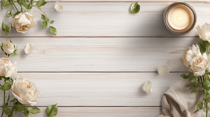 Light wooden backdrop with white roses and candles along the edges, elegant flat lay composition for product mockups, romantic and sophisticated background with space for logo or text.