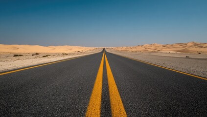 Straight desert road with double yellow lines, vast empty landscape, clear sky