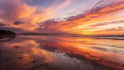 Vibrant sunset reflecting on the wet sand of a beach with colorful clouds and gentle waves lapping