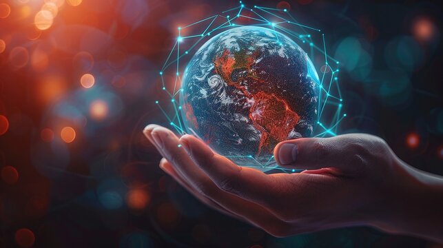 Earth in hands with network connections
