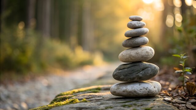 A zen stack of smooth stones balanced on a mossy rock in a forest with a blurred background light - Powered by Adobe