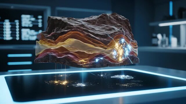 Floating layered abstract object on illuminated surface in lab