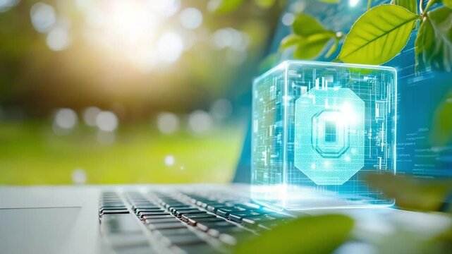 Eco-Tech Harmony: A cutting-edge laptop interacts with an illuminated digital cube, illustrating the harmonious integration of technology and the environment.