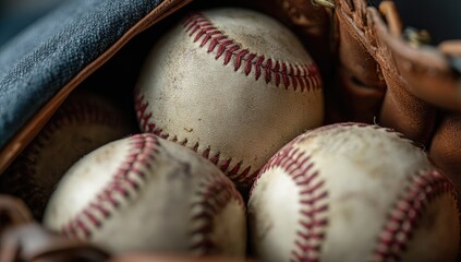 Close-up of several worn baseballs with red stitching nestled in a brown leather glove