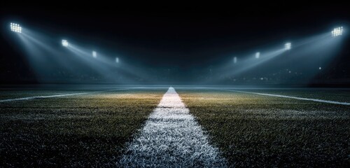 Green sports field at night with bright stadium lights illuminating the center line