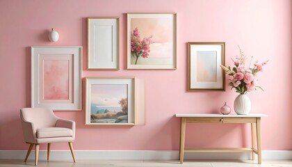 A pastel pink wall with framed art and a small table. A chair sits on the left, flowers in a vase on the right