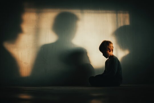 Childhood Distress: Boy on Floor, Shadow of Parental Conflict