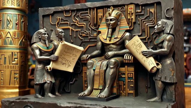 Futuristic Egyptian Pharaoh Statue Seated on High Tech Throne Attendants Presenting Ancient Scrolls Digital Art Concept Neo Egyptology Cyberpunk History Mashup