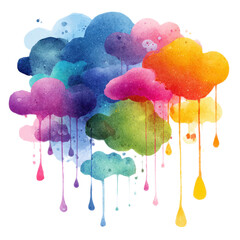A painting of a rainbow cloud with water droplets falling from it