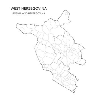 Vector Map of West Herzegovina Canton (Županija Zapadnohercegovačka, Zapadnohercegovački Kanton) with Settlements (Naselja), and Cities and Municipalities - FBiH, Bosnia and Herzegovina - 2025