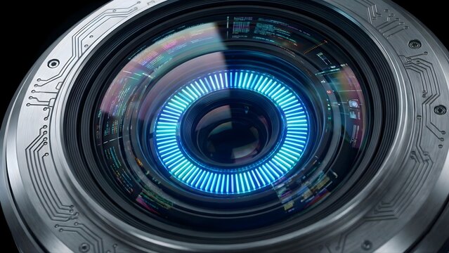 Future Vision: Multi-Layered Cybernetic Optical Lens with Neon Iris Glow - Powered by Adobe