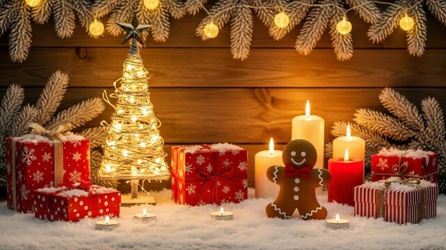 Christmas gifts and gingerbread man with twinkling tree and candles