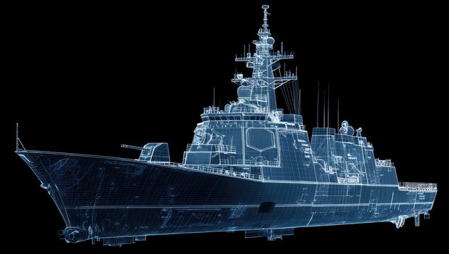 Detailed blue wireframe render of a modern military ship against a dark background