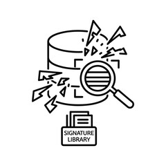 Cybersecurity data breach detection icon with magnifying glass and signature library
