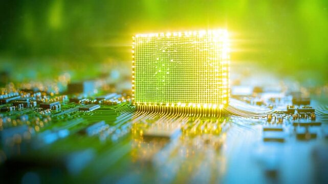 Central Processor: A close-up view of a central processor unit, bathed in a brilliant glow, symbolizing the core of modern technology, set against a backdrop of electronic circuitry.