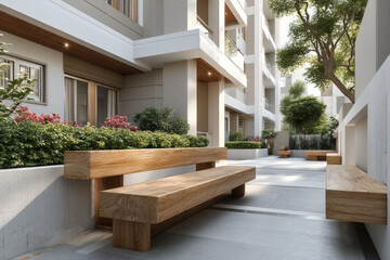 Fototapeta premium Modern luxury apartment courtyard with sleek architecture, wooden benches, lush greenery, and natural sunlight creating peaceful atmosphere