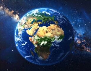 A vibrant depiction of planet Earth, a blue marble, showcasing continents and oceans against a starlit cosmic backdrop