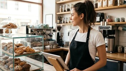 Smiling young woman in apron working at a cozy cafe counter with fresh pastries, managing orders on a tablet in a warm, inviting bakery setting.