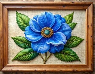 A vibrant, detailed painting of a blue flower and green leaves, set within a rustic wooden frame against a neutral background