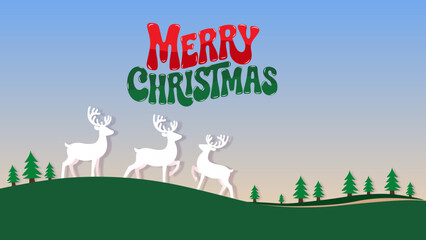 Merry christmas greeting with reindeer on a hill
