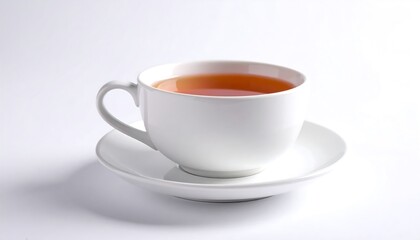 Warm, clear tea sits in a white cup and saucer against a simple, bright white background