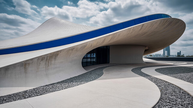 Modern futuristic building with curved white facade and blue stripe under cloudy sky - Powered by Adobe